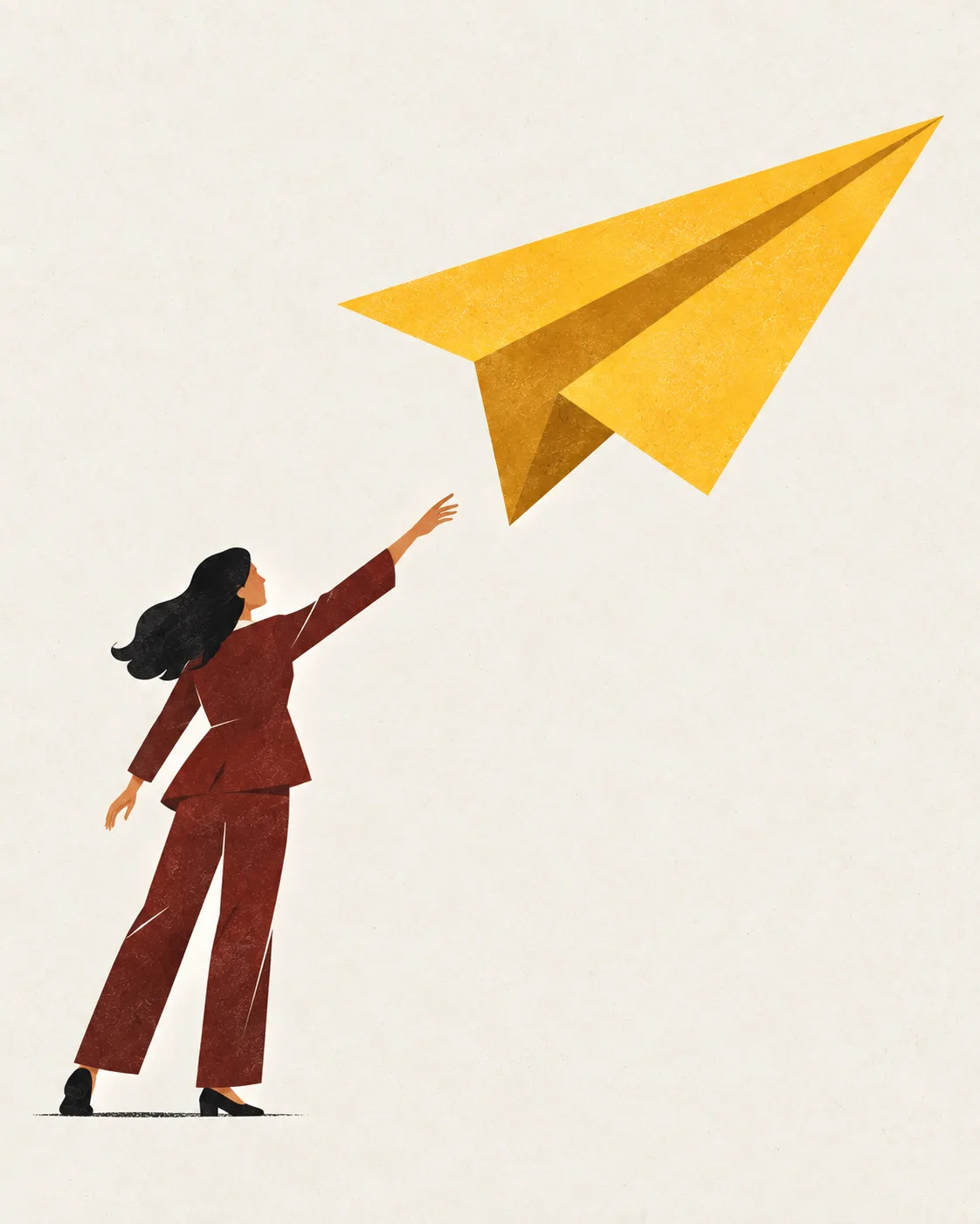 Editorial illustration: a person launches a yellow paper plane to send their message further.