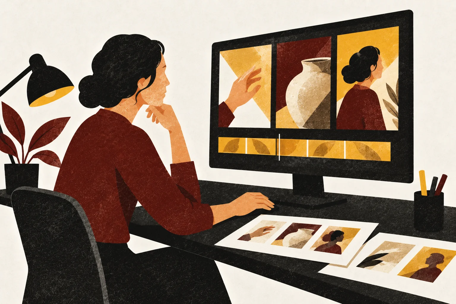 Illustration of an editor creating several short videos from a filming session.