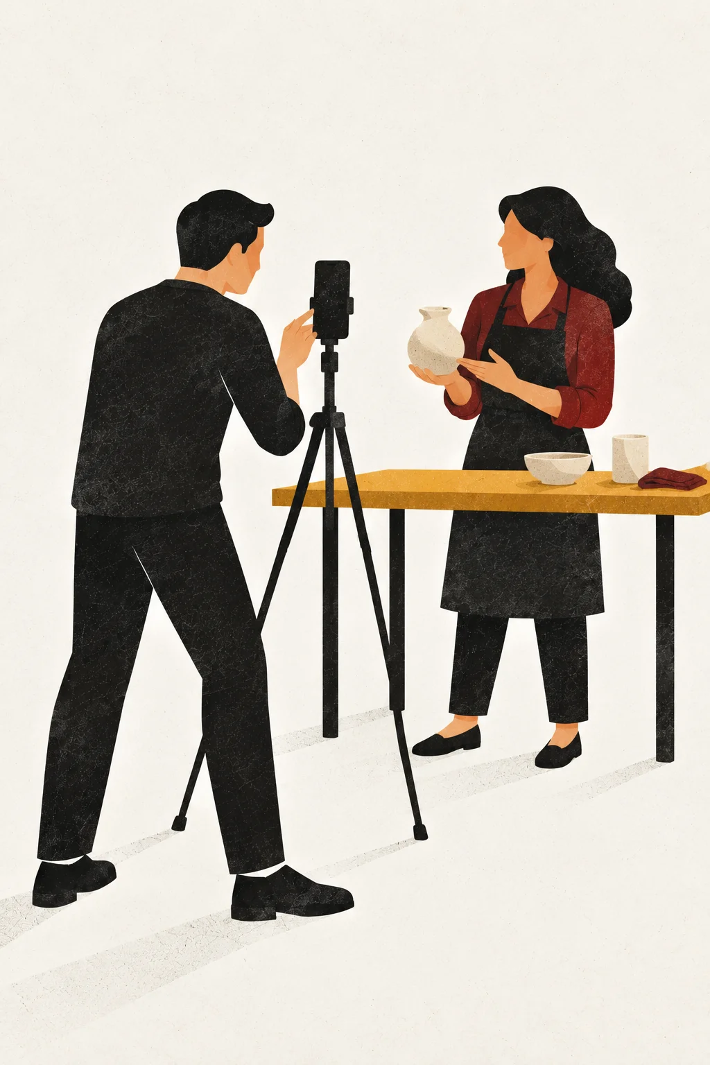 Illustration of a filming session: a person demonstrates their work while another records them with a phone.