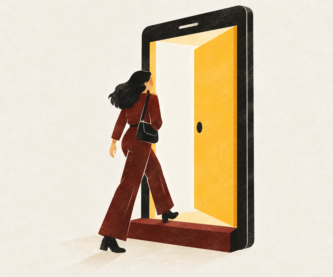 Una clienta entra al negoci a través d’una porta oberta en un mòbil.
