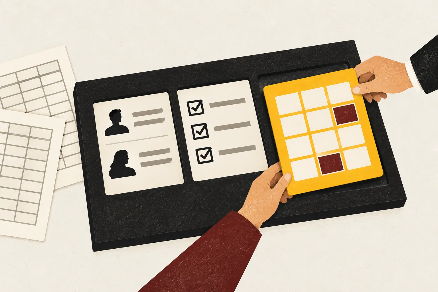 Dues mans encaixen un calendari en un panell que reuneix clients i tasques, al costat d’uns fulls de càlcul.