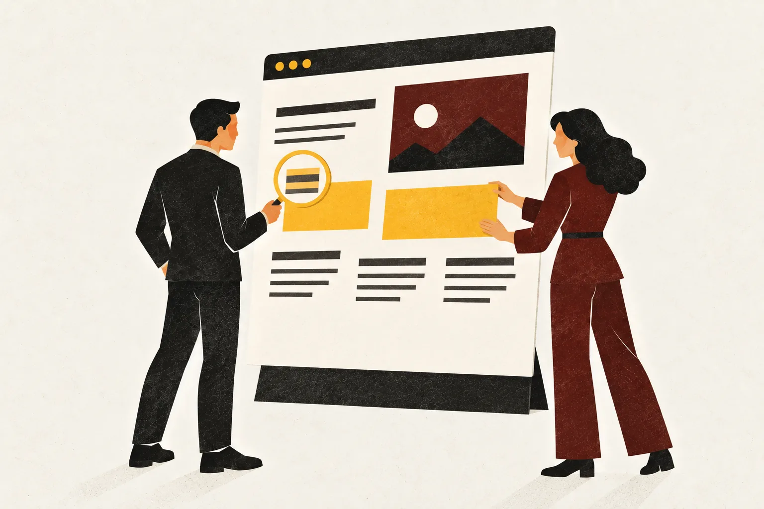 Dues persones revisen una web i ajusten els seus continguts sense substituir tota l’estructura.