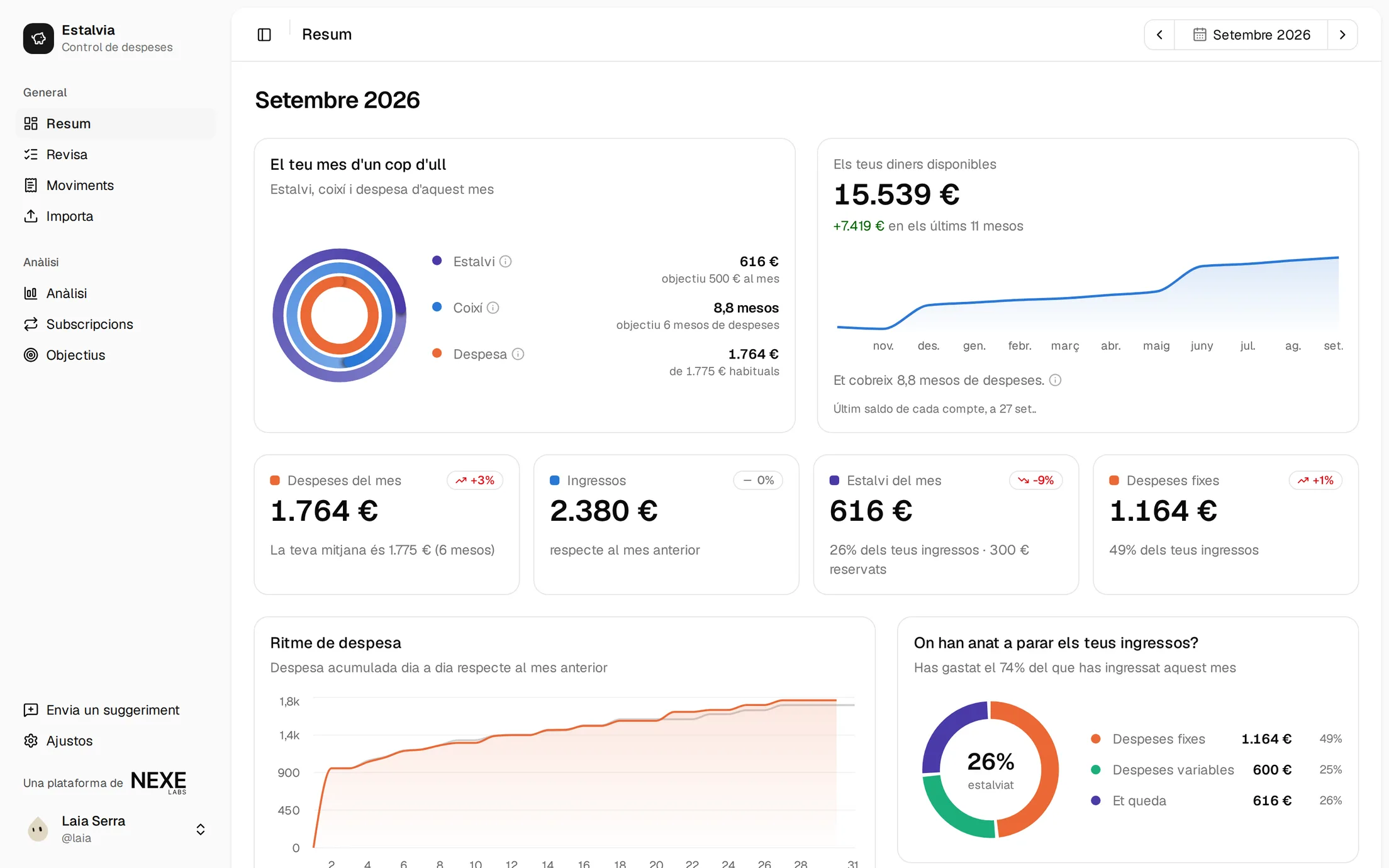 Vista d’Estalvia amb el resum mensual, les despeses, l’estalvi i les subscripcions.