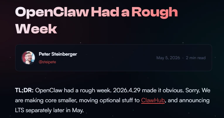 OpenClaw — ilustración del momento 'Rough Week' donde Steinberger reconoce los problemas de estabilidad del proyecto